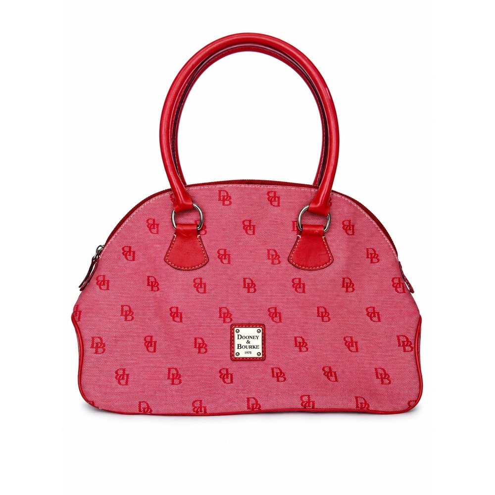 Dooney & Bourke Pink Red Monogram Canvas Dome Satchel Bag Leather Trim